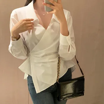Irregular Lapel V-neck Long-sleeved Shirt Female 2025 Autumn Korean Chic Loose Blouse New Cute Lace-up Loose Slim Tops