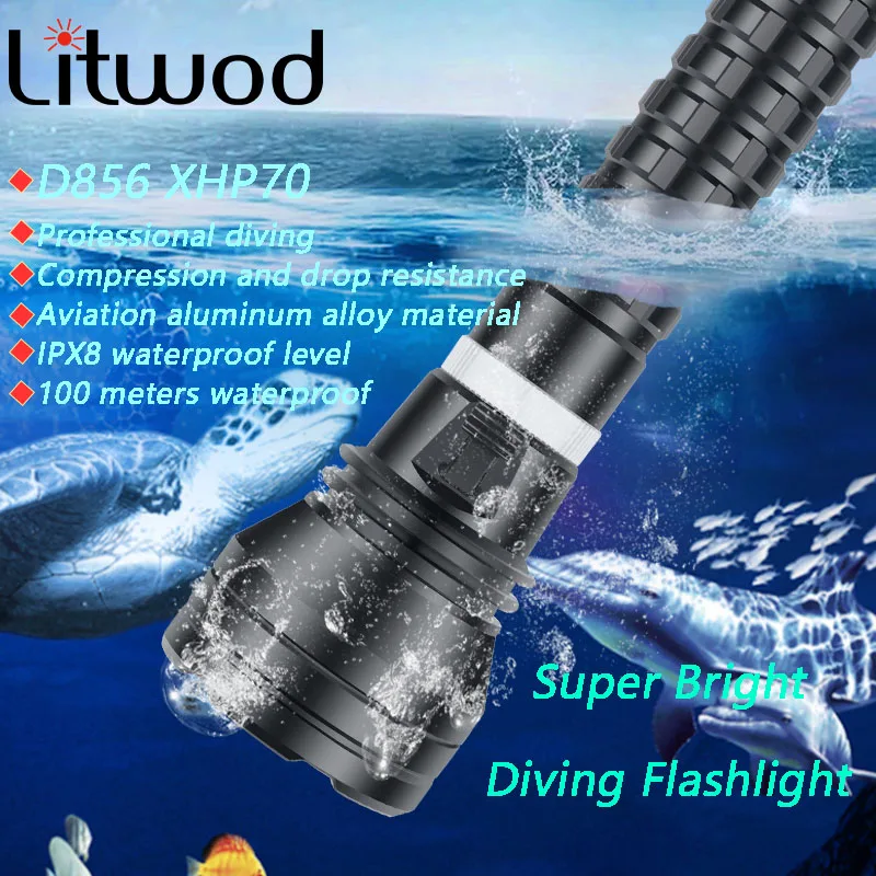 

15000 Lumen LED Flashlight Scuba Diving Light IPX8 Waterproof Professional Underwater 100M Power by 26650 or 18650 Battery Torch