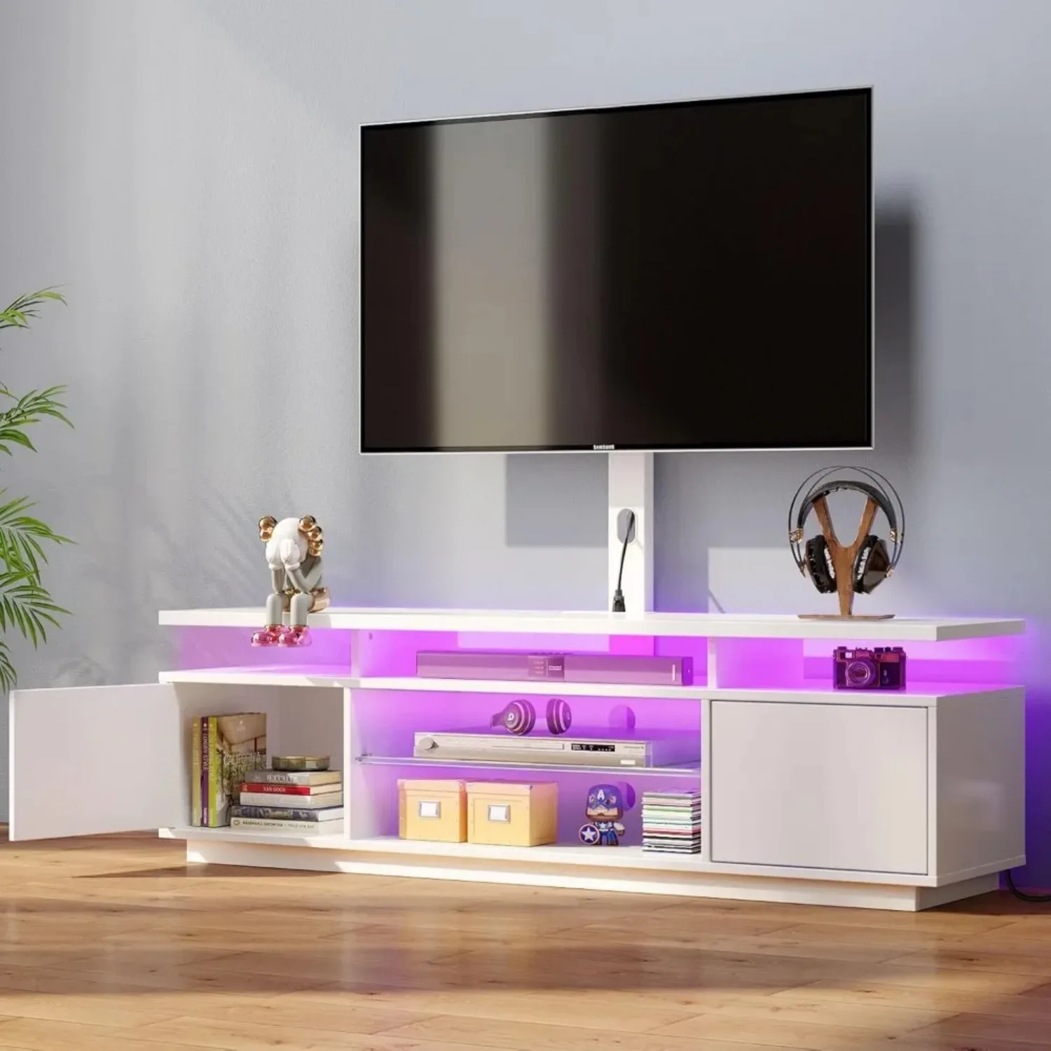 TV Stand w/ Mount & Power Outlet 51.2", Swivel TV Stand Mount, Height Adjustable Modern Entertainment Center w/ LED Lights 5