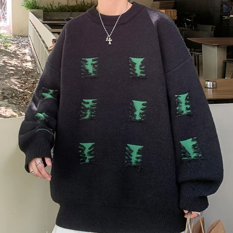 남성용 루즈한 뜨게 풀오버, 캐주얼 데일리, 따뜻한 O넥, 닳은 십대, 일본 스타일, 커플 패션, 하이 스트리트, 가을, 겨울