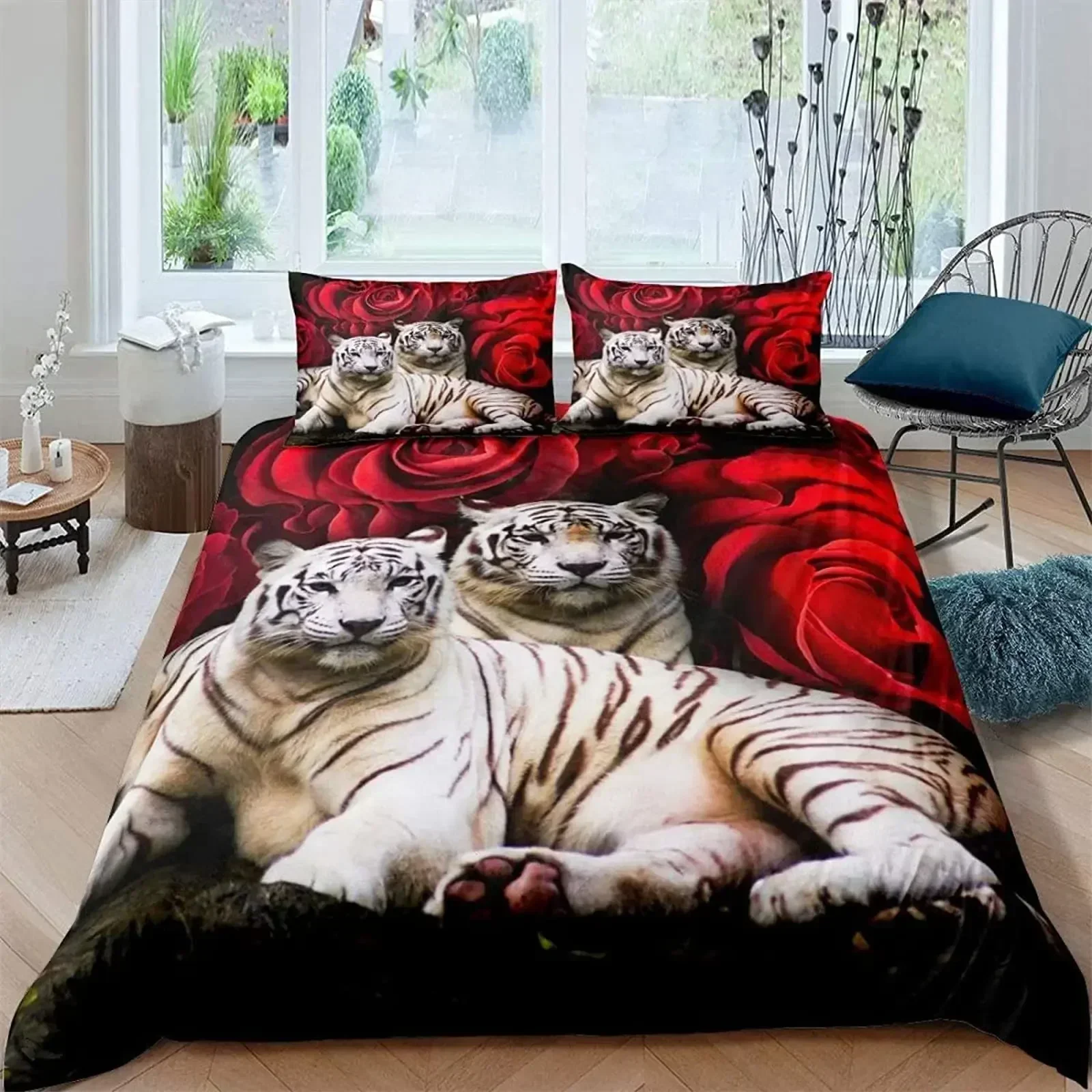 Luxury New 3D Print White Tiger Red Rose King Queen Duvet Cover Africa Big Cat Flower Bedding Set Teen Adult Animal Quilt Cover