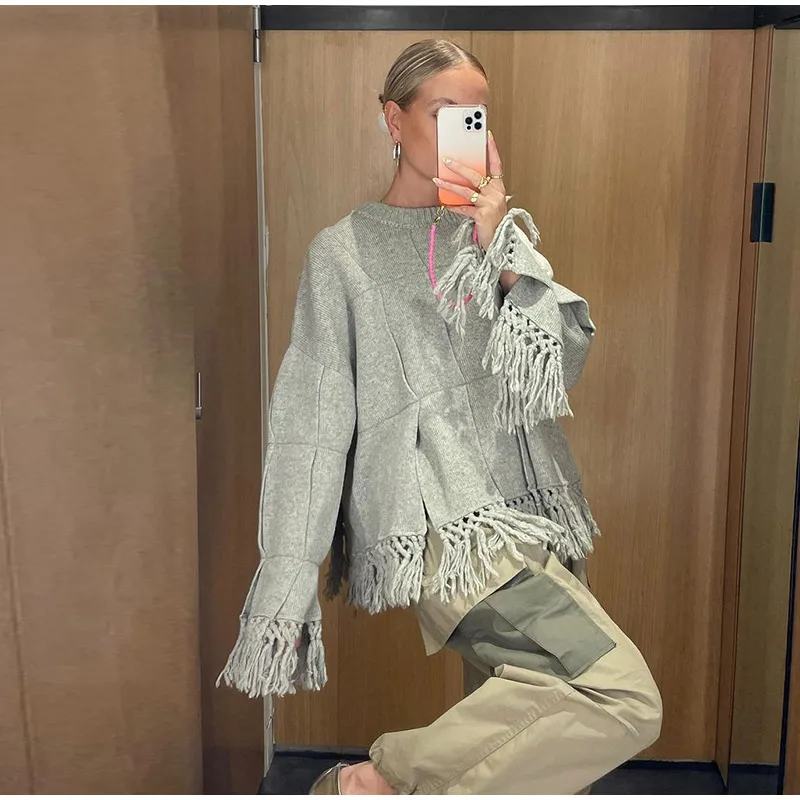 Vintage Solid Pleated Tassel Sweaters Women Casual Loose Knitted Pullover Sweater Female Autumn Chic Elegant High Street Tops