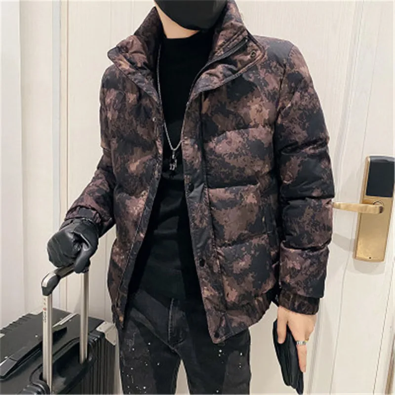 

Chic Winter Floral Print Overcoat Men Thick Warm Coat Stand Collar Jacket Slim Fit Parka Korean Outwear Streetwear Man Clothing