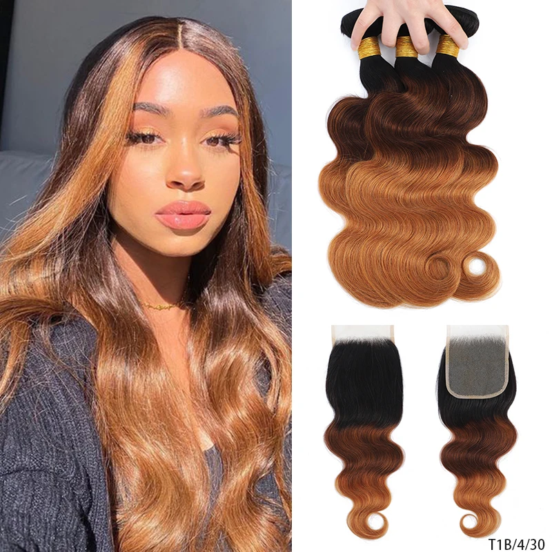 

DreamDiana 9A Ombre Brazilian Body Wave Bundles With Closure 3 Tones 1B/4/30 Remy Ombre Human Hair Bundles With 4X4 Lace Closure