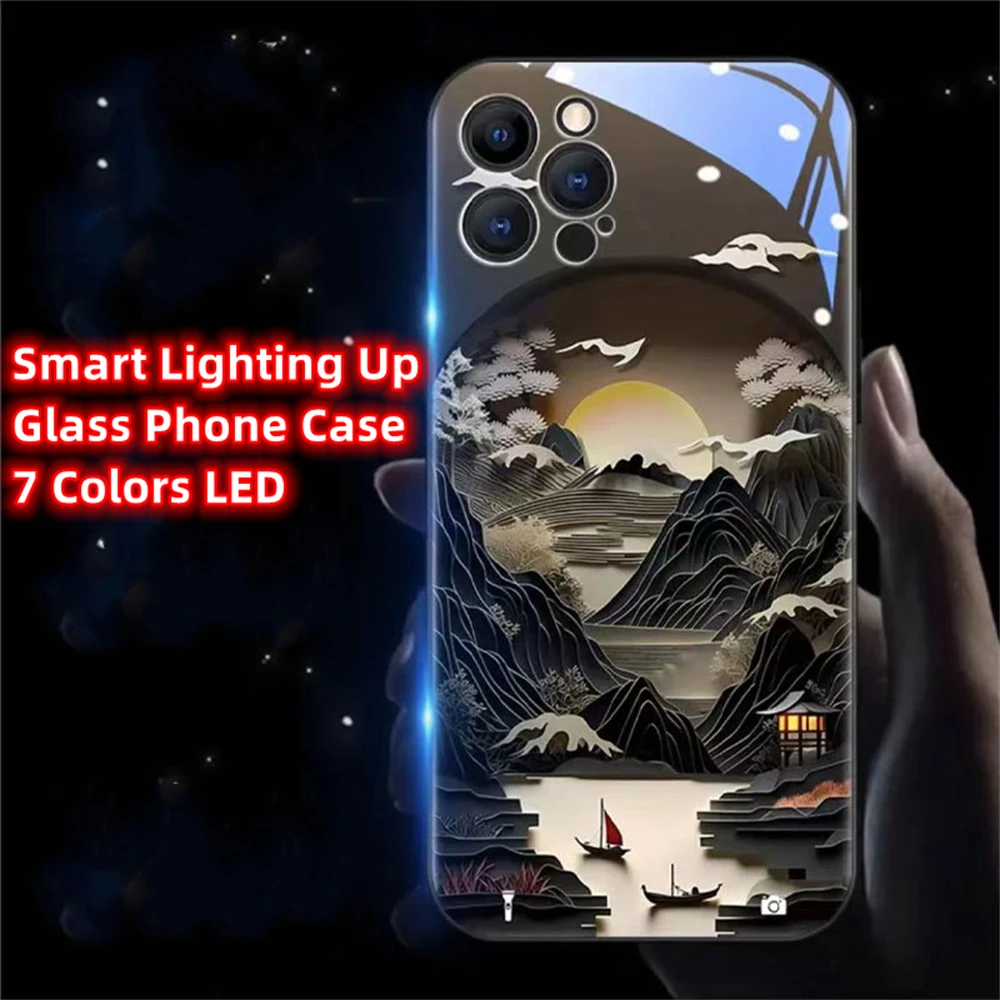 

2024 Landscape Painting LED Light Glow Luminous Phone Case Back Cover For Samsung S24 S23 S22 S21 S20 FE Note 10 20 Plus Ultra