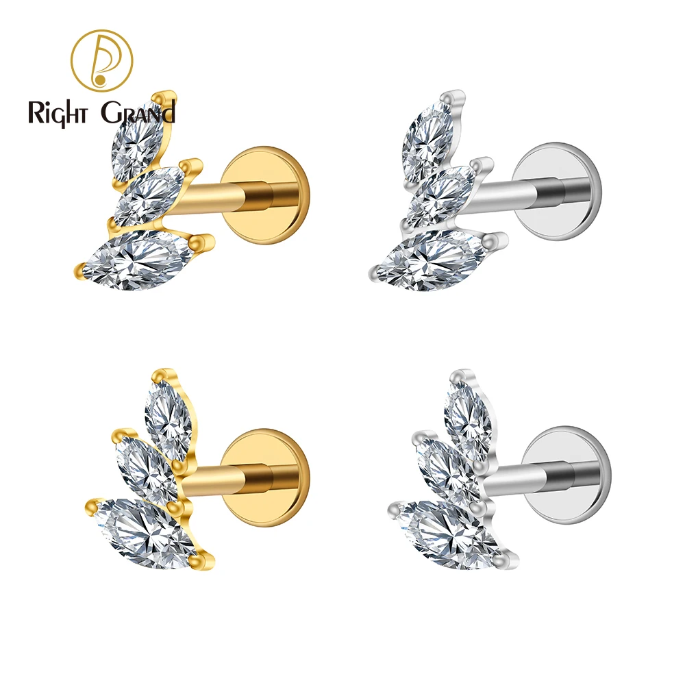 Right Grand ASTM F136 티타늄 16G 클러스터 마키스 CZ 트라거스 헬릭스 스터드 콘치 로브 룩 연골 귀걸이 리프 클라이머 플랫 백 라브렛 피어싱 바디 쥬얼리