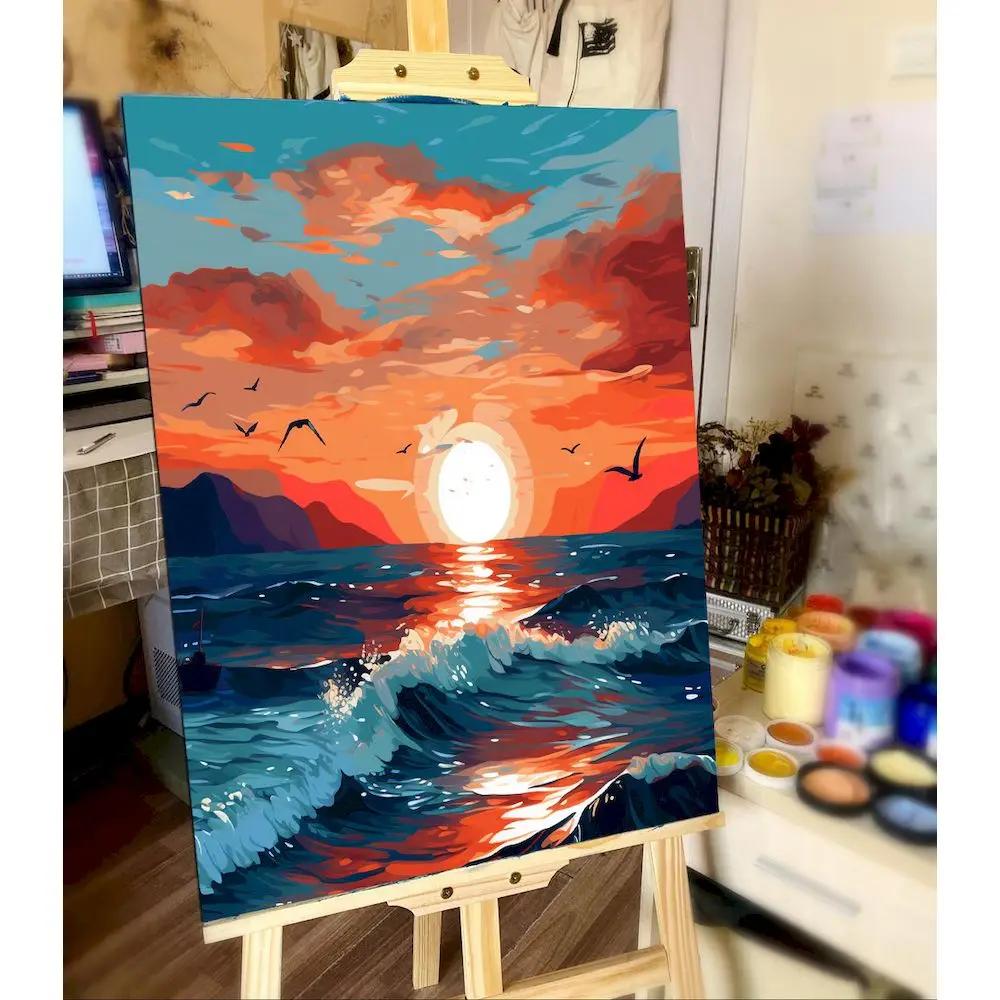 Dipinto di paesaggio cittadino con numeri per adulti Kit fai da te Dipinto a mano su tela con immagine a olio incorniciata Disegno da colorare per numero 3