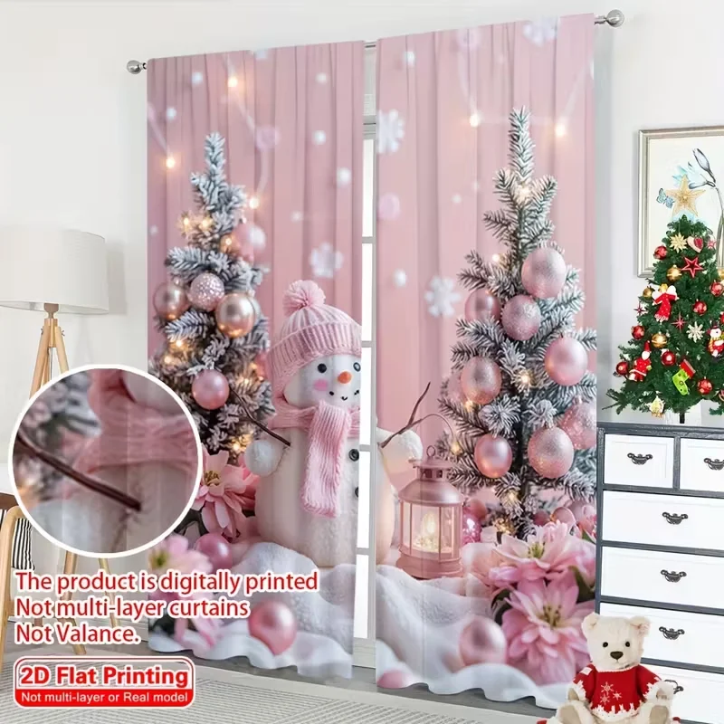 قطعتان من ستائر نمط رجل الثلج الوردي الحلو، تصميم لطيف للضوء - ستائر بوليستر لتصفية نوافذ المنزل لعيد الميلاد