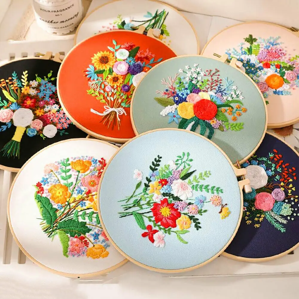 Floral Embroidery DIY Beginner's Kit - Stamped Cross Stitch & Punch Needle Craft Set with Instructions
