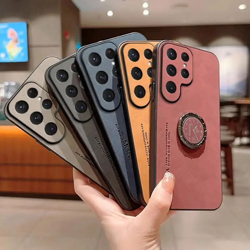 Samsung S24 Ultra Sheepskin Leather Magnetic Ring Stand Holder Case For Galaxy S23 Plus S21 FE Matte Lens Protection_voghion.com