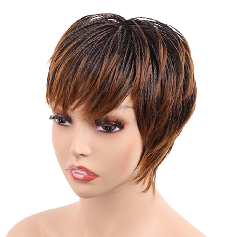 Short Box Braided Synthetic Hair Wig for Black Women Straight Hair with Natural Bangs