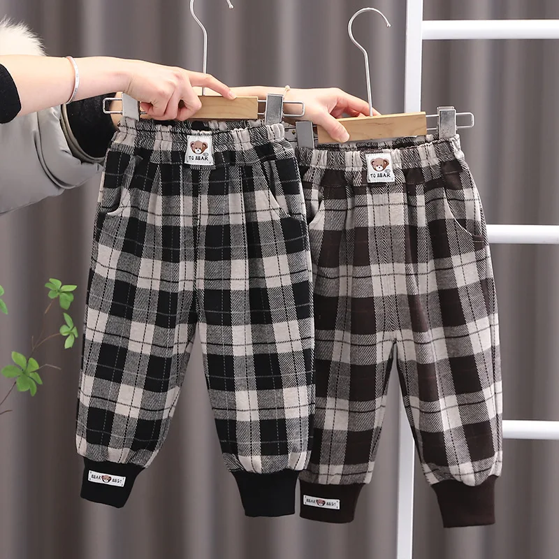 

2024 Spring Autumn New Baby Boys Fashion Plaid Cartoon Bear Sweatpants Jogger Pants Children's Casual Sports Trousers Clothing