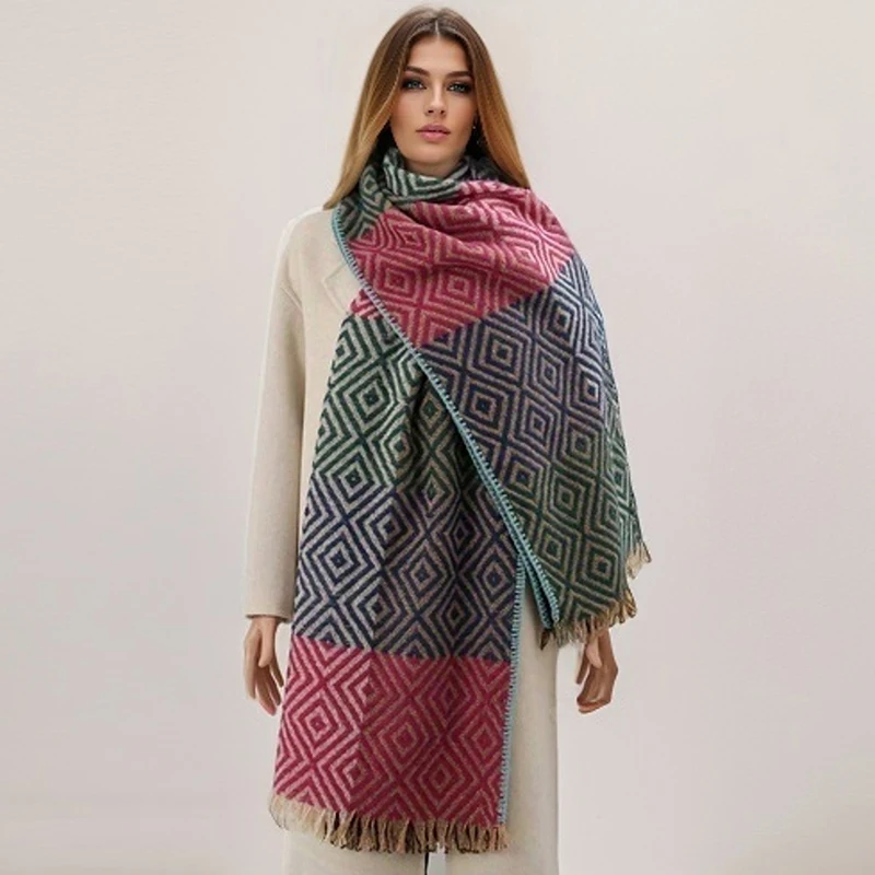 thumbnail image 1 of Poncho grueso clásico para mujer, bufanda de cachemira con estampado a cuadros de lujo, manta cálida, pashminas con borlas, bufanda 2023, 1 of 5