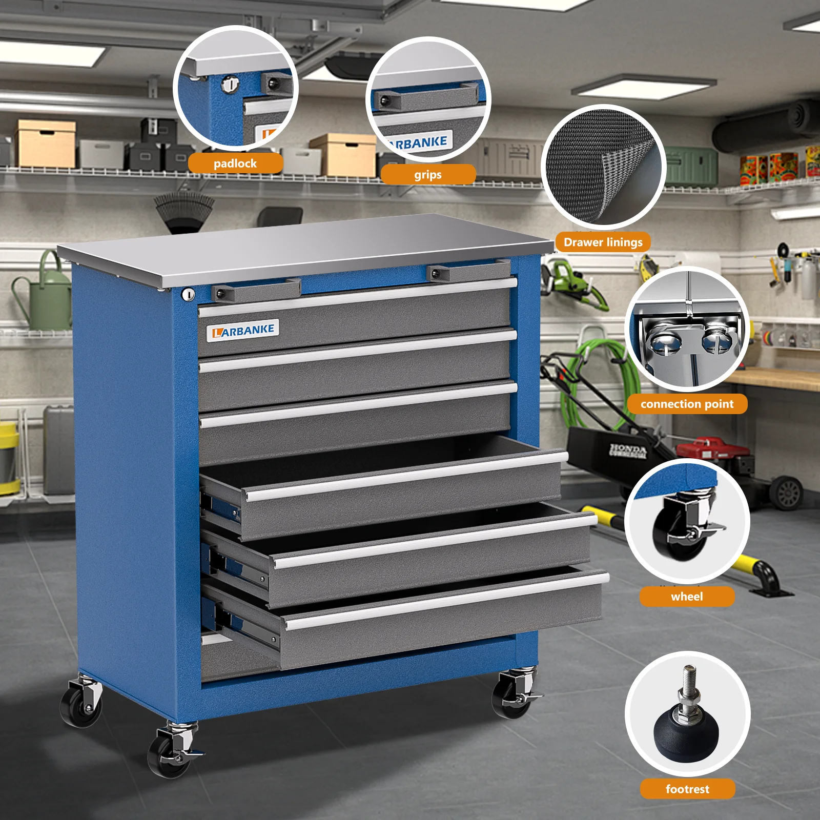 7-Drawer Rolling Tool Chest Toolbox,Tool Box with 360° Lockable Wheels and Padded Feet,Tool Chest with Keyed Locking System 4