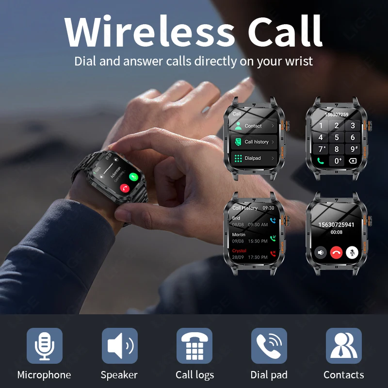 LIGE Men Smart Watch Military 2.01'' Large Screen Health Monitor Bluetooth Call Watches Waterproof Sports Smartwatch For Android