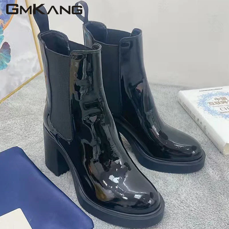 2023 New Chunky Heels Short Boots Woman Genuine Leather Round Toe Chelsea Boots Ladies High Heels Ankle Boots Women Booties