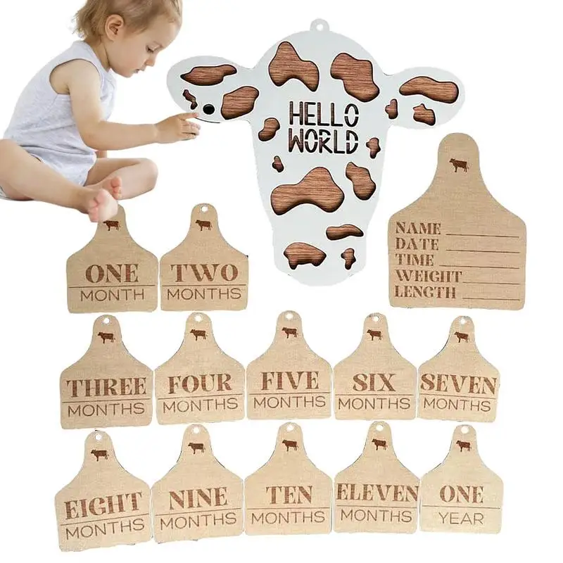 

Milestone Cards 14pcs Wooden Pregnancy Announcement Sign Cow Milestone Wood Discs To Document Your Babys Growth Photo Props Baby