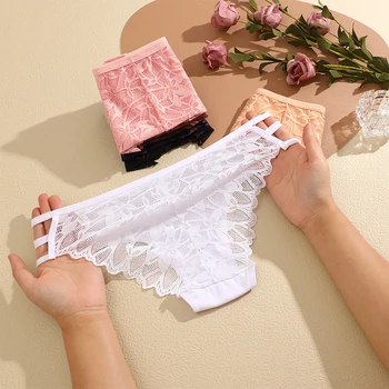 FINETOO 3Pcs Sexy Style Transparent Lace Underwear Women's Straps Panties Seamless Perspective Briefs Low Waisted Triangle Pants 4