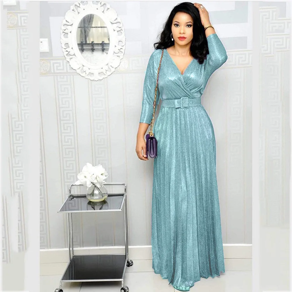 

Dresses For Women Elegant Party Low Cut Sequined Gown Dress With Belt Nine Point Sleeve Ruffle Hem Flowy Long Dress Plus Size