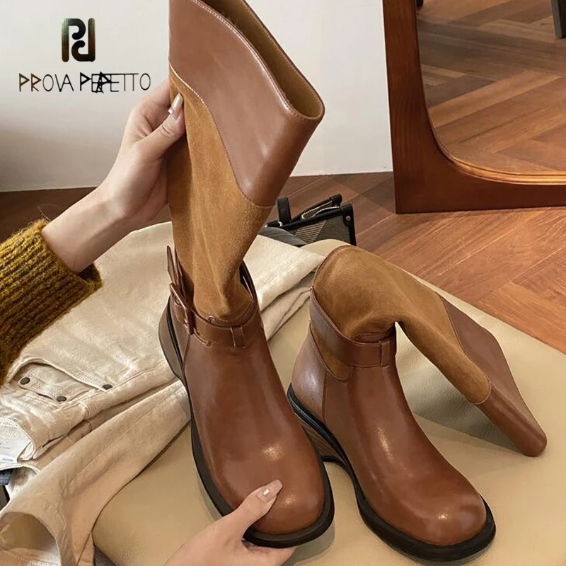 

Blocked Women Knee High Boots British Knights Boots with Belt Buckles Color Match Squared Heel Retro Bootie Female New Bota