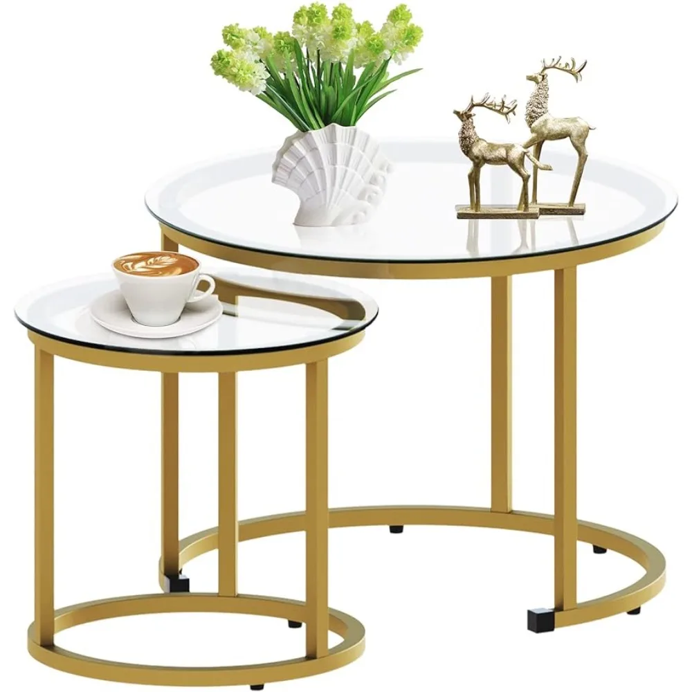 

aboxoo Gold Nesting Coffee Table Set of 2, Small Glass Nesting Tables for Living Room Bedroom, Accent Tea Table with Metal Frame