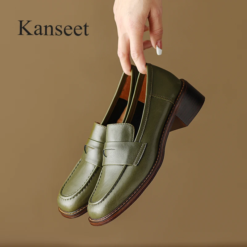 

Kanseet Concise Women's Shoes 2023 Spring New Genuine Leather Shoes Casual Handmade Loafers For Lady Mid Heels Footwear Green 40