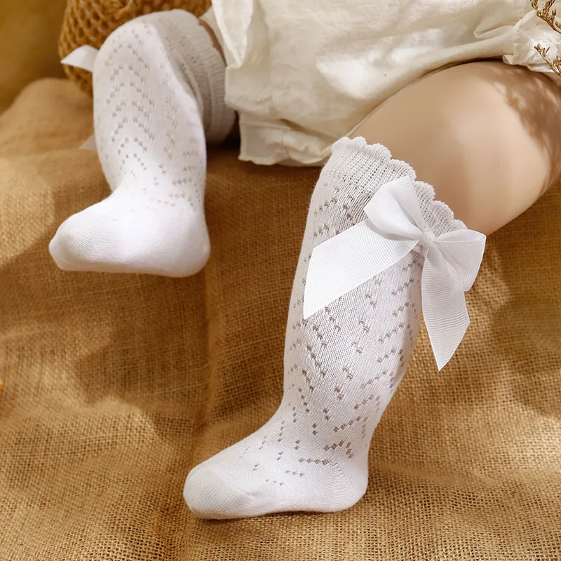 New Summer Bow Baby Girls Socks Toddler Long Sock Infant Knee High Cotton Mesh calzini traspiranti stile spagnolo per 0-5 anni