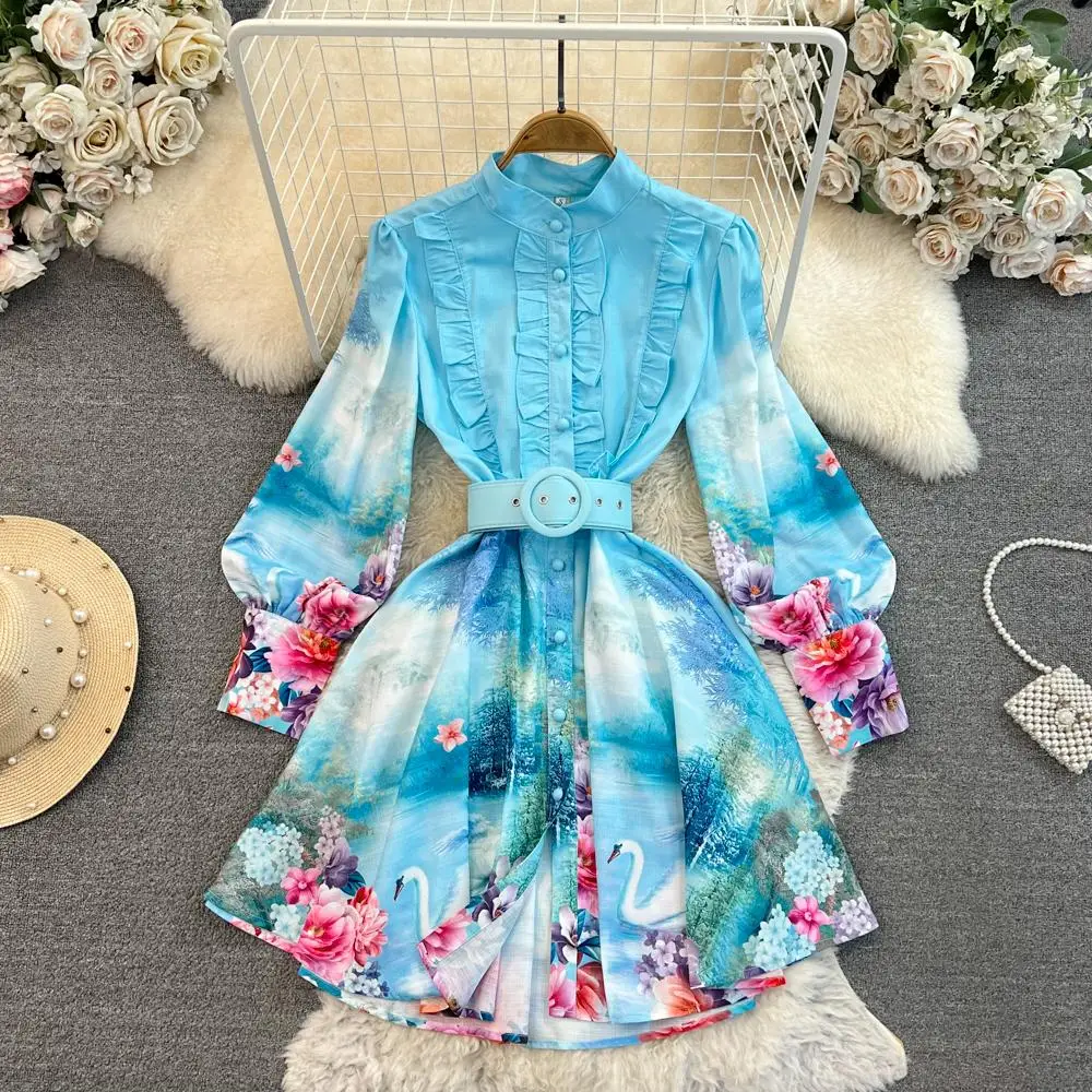 

Summer Runway Designer Boho Mini Dress Women Stand Collar Lantern Sleeve Single Breasted Floral Print Belt Holiday Beach Dress