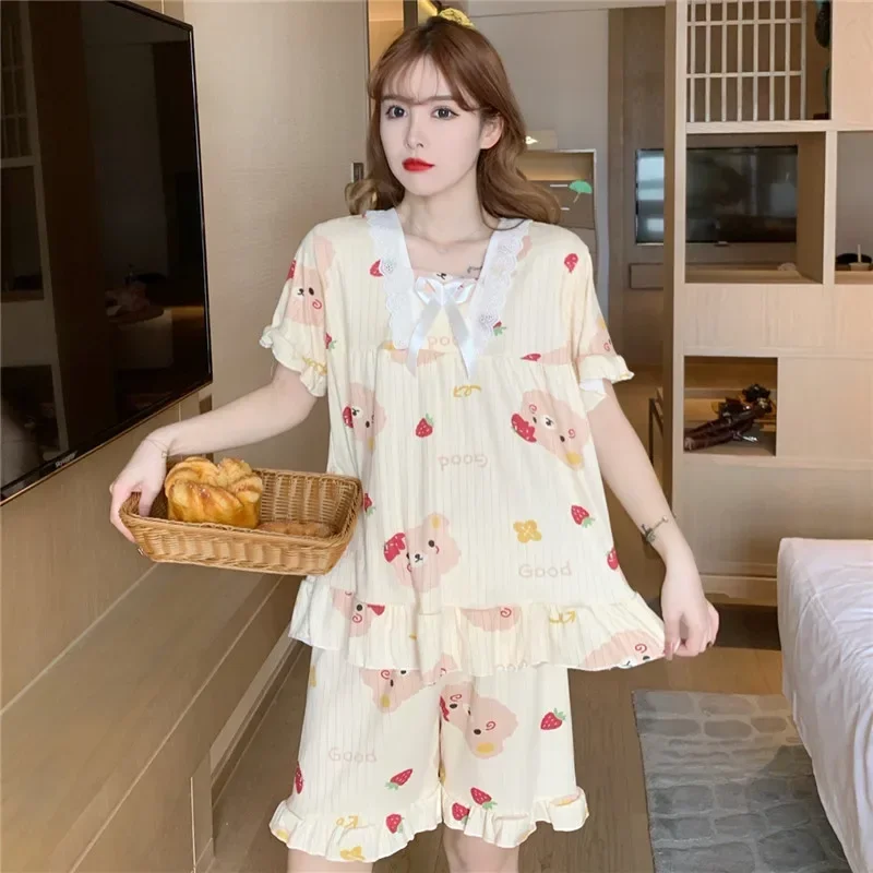 2024 Ladies Pajamas Women Summer Short-Sleeved Pyjamas Students Thin Section Lace Leisure Can Be Worn Outside the Home Clothing