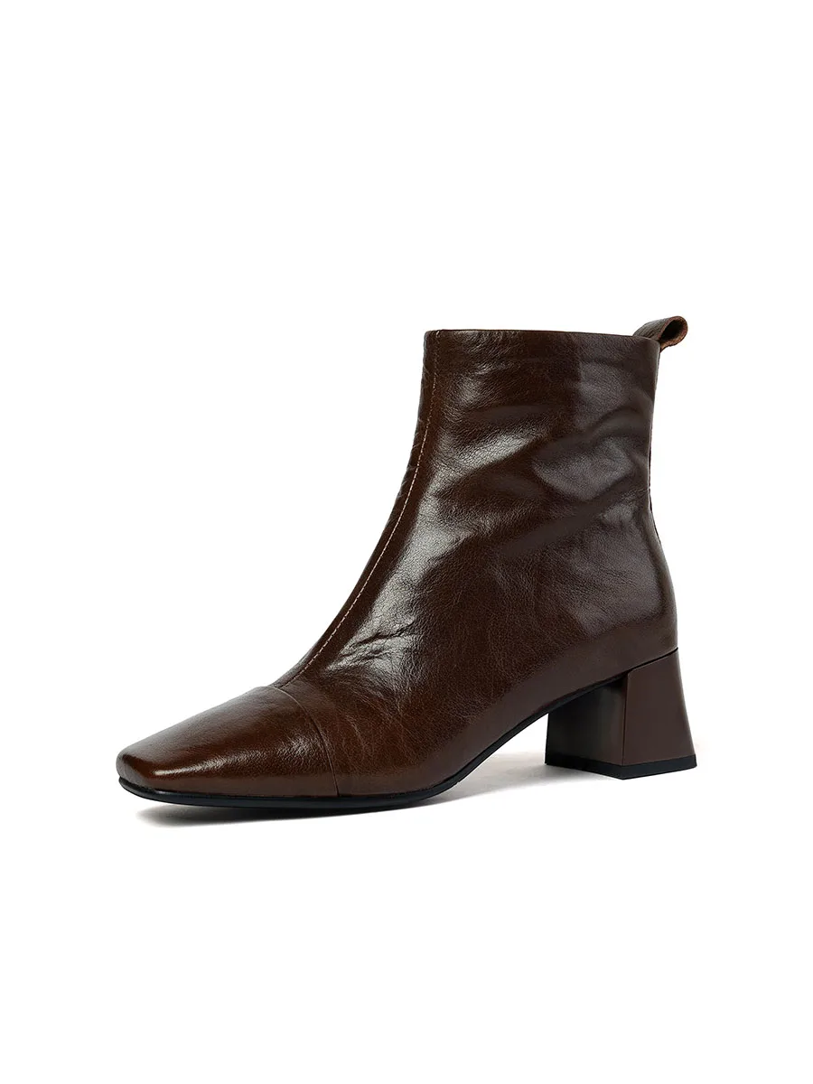 

Genuine Leather Women Short Boots JINTRENDY Spring Autumn Winter Coffee Black Med Heel Boots Lady Square Toe Zipper Boots
