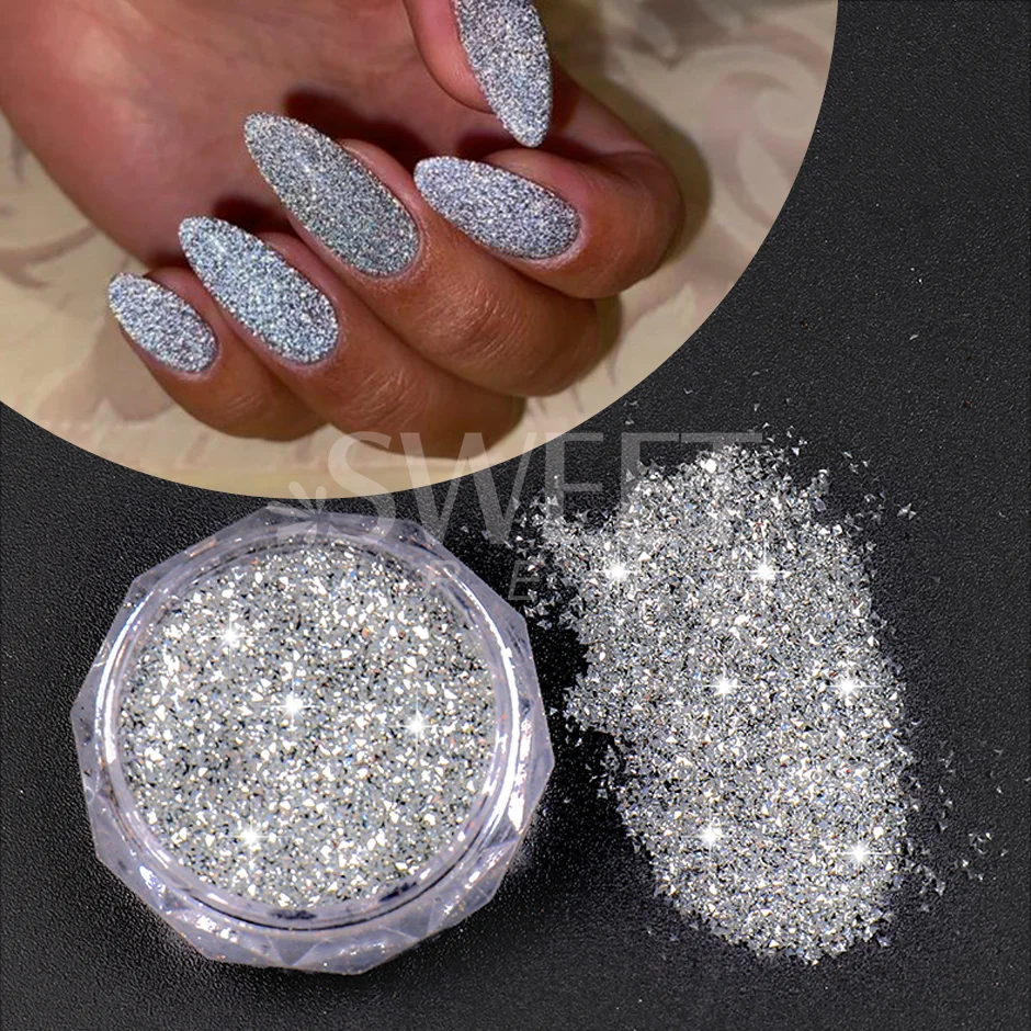 1 Box Reflective Silver Nail Powder Flash Disco Diamond Chrome Pigment Dipping Powder Nail Glitter Rhinestone Sequins SWS52