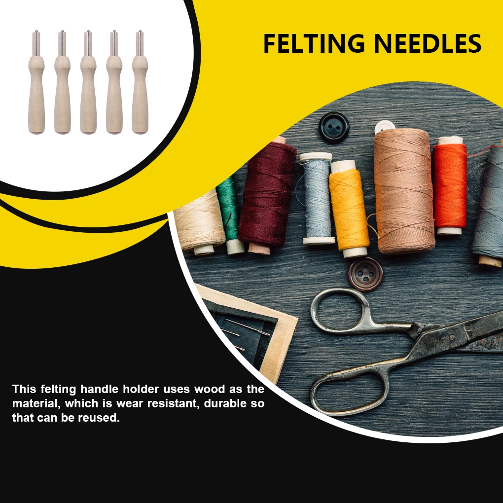 Wooden Handle Holder with Felting Needles DIY Craft Sewing Needlework Felt Hand Needles Tool 5pcs needle felting kit wool felting kit needle felting painting kit sewing craft kit