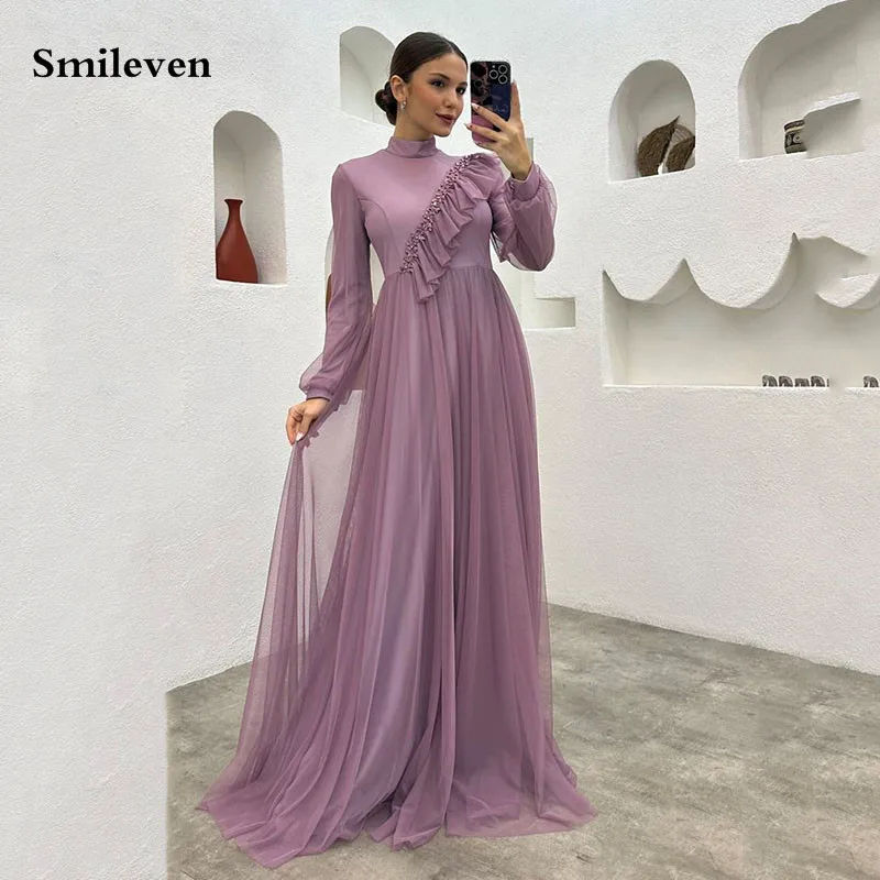 

Smileven Purple Long Puff Sleeve Evening Dresses High Neck Saudi Arabic Prom Dress Side Chiffon Muslim Formal Occasion Dresses