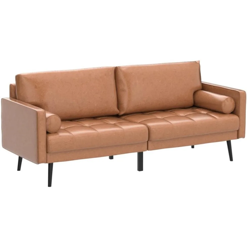 

Faux Leather Sofa Couch, Mid-Century 73 Inch 3-Seater Leather Couch with Hand-Stitched Comfort Cushion and Bolster Pillows