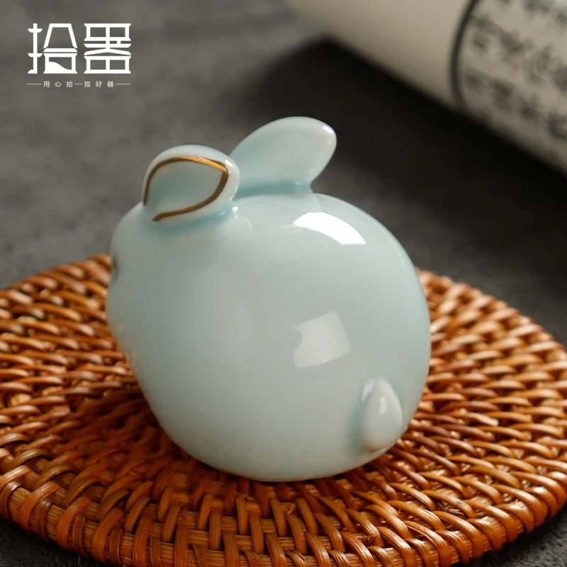 Ru Kiln open piece Jade Rabbit cute rabbit tea pet decoration piece boutique can raise ceramic tea play pen holder, tea pet ornaments