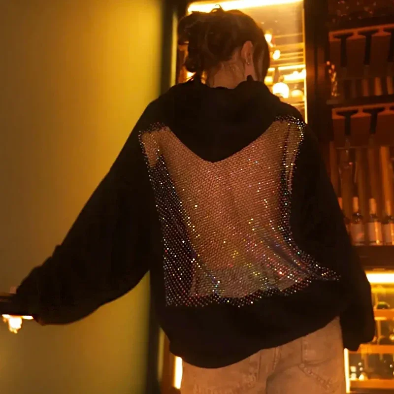 New Gothic Sexy Hollow Hoodie  Women Y2K Backless Mesh Long Sleeve Sweatshirt  Shiny Translucent Pullover 2025