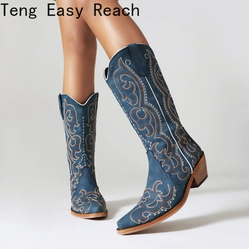 Pointed Toe Denim Fashion Knee High Mid Calf Boots for Women Retro Cowboy Cowgirls Western Boots Autumn Hot Sale Shoes 2023