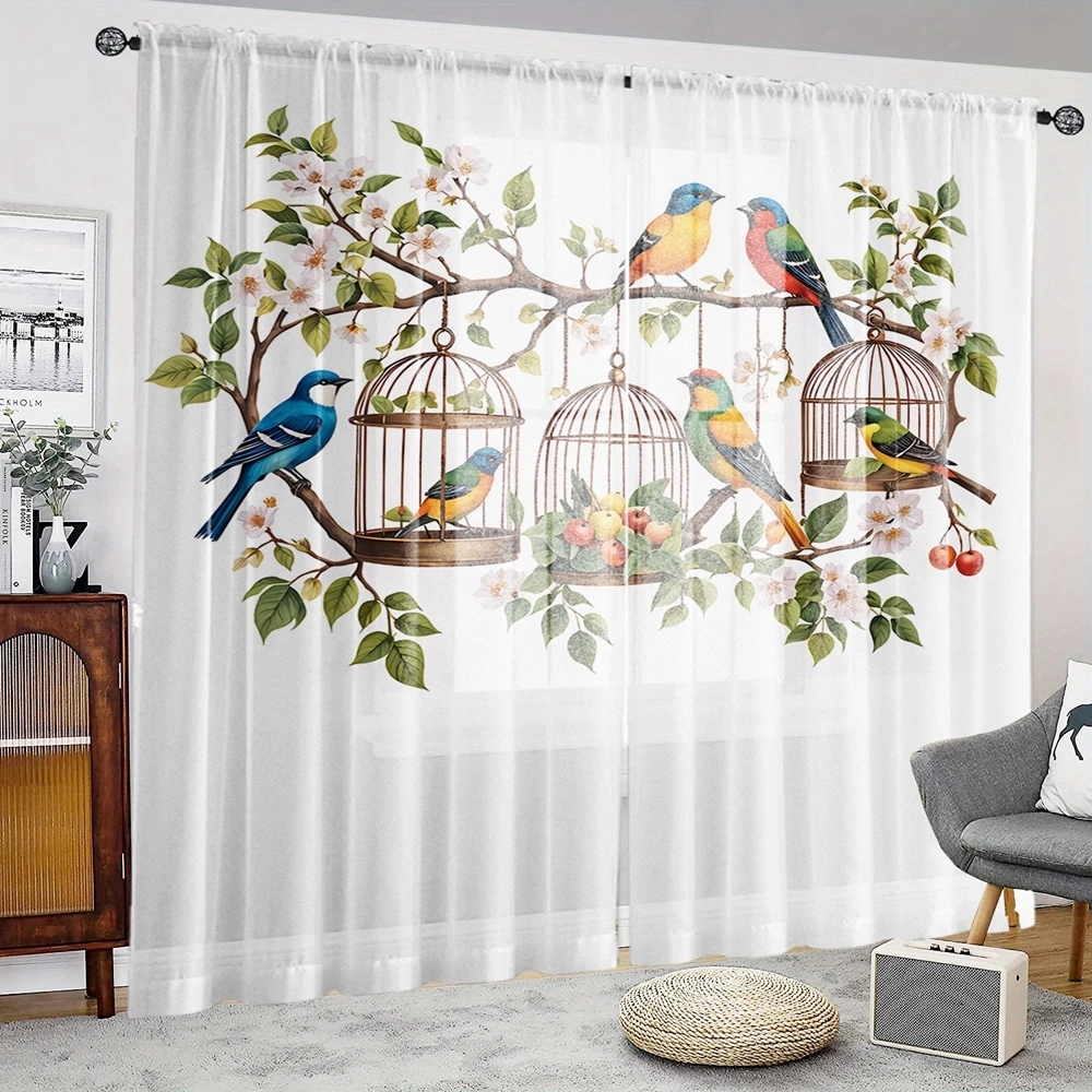 2 Pieces HD Digital Seven Color Bird Flower Figure Printed Window Valance Home Decorating Style Decorative Living Room Bedroom R 4