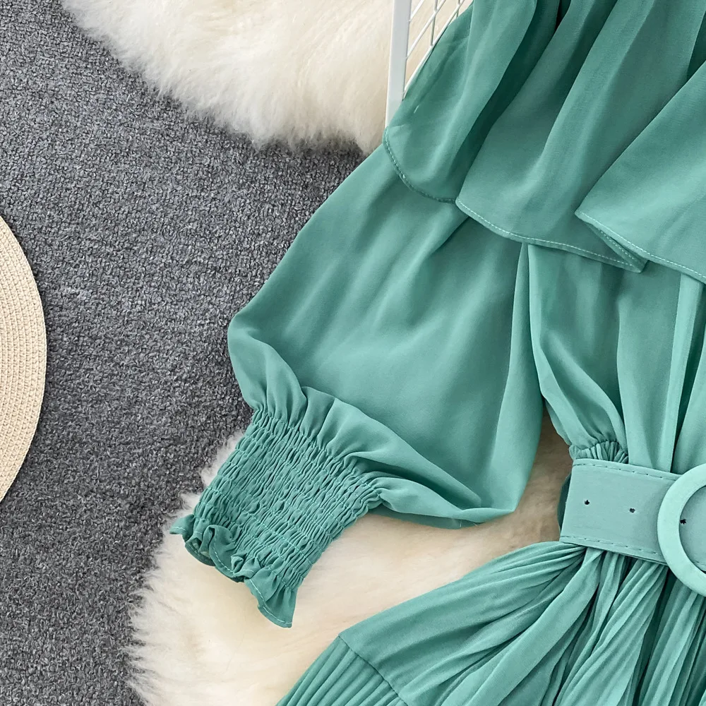 Women Vintage Off Shoulder Dress Chiffon Summer Sweet Lotus Leaf Edge Elegant Pleated Dresses Ladies Evening Party Long Dress