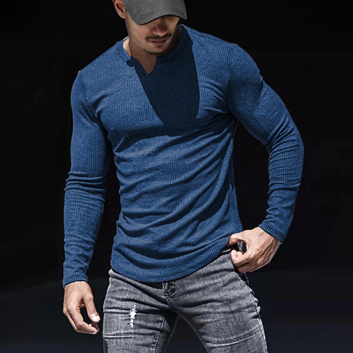 

2023 Autumn and Spring Solid Color Thin Fabric Slim Fit Long Sleeve Men's Small V-neck Breathable Stripes Casual Long Sleeve