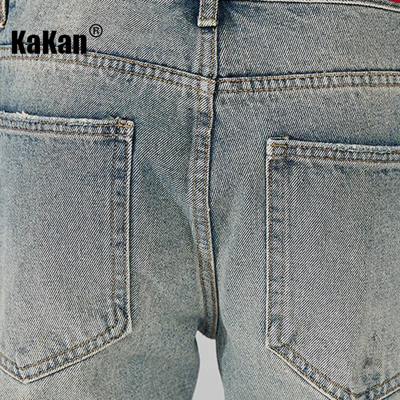 Kakan - New High Street Distressed Washed Old Jeans for Men, Trendy Hip Hop Loose Straight Length Jeans K24-ZLJLB0066