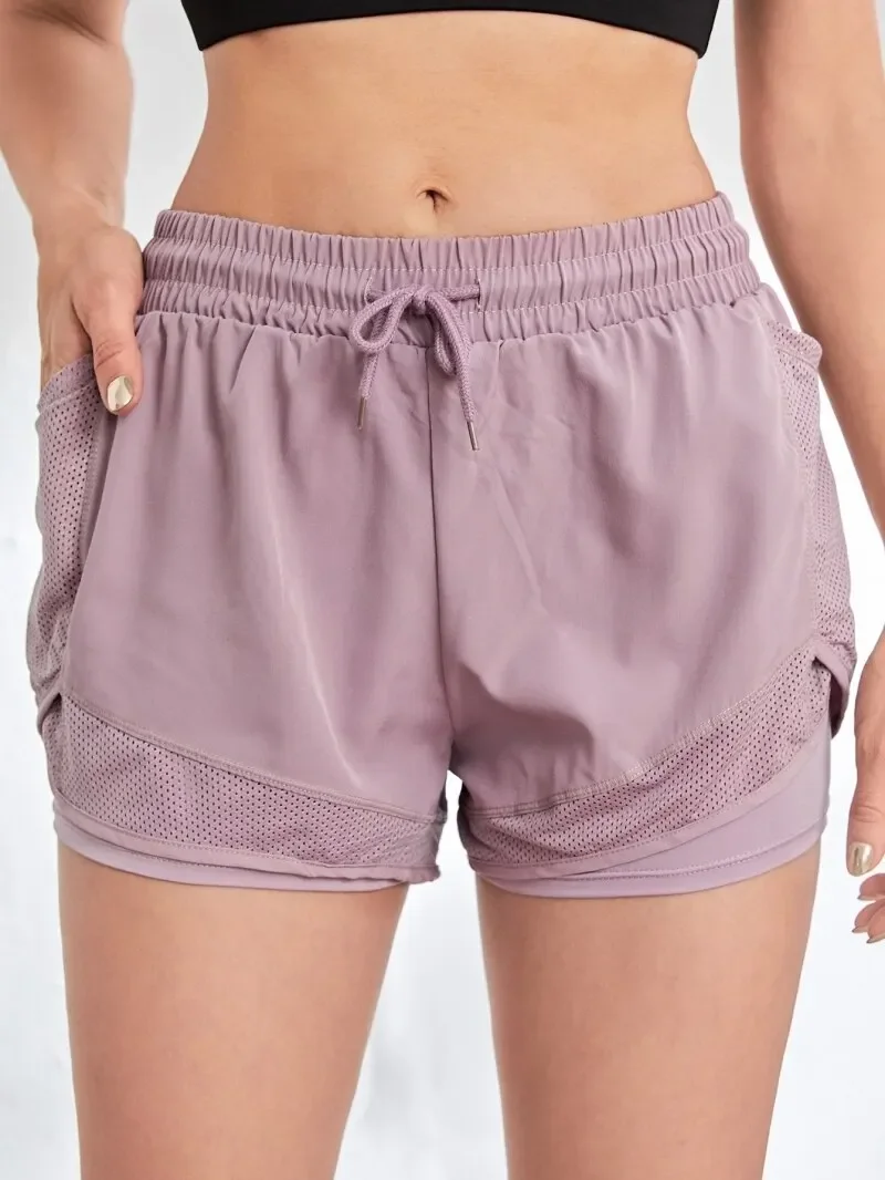 Womens Elastic Sports Shorts with Pockets Fake Two Piece Yoga Running Training Shorts 4