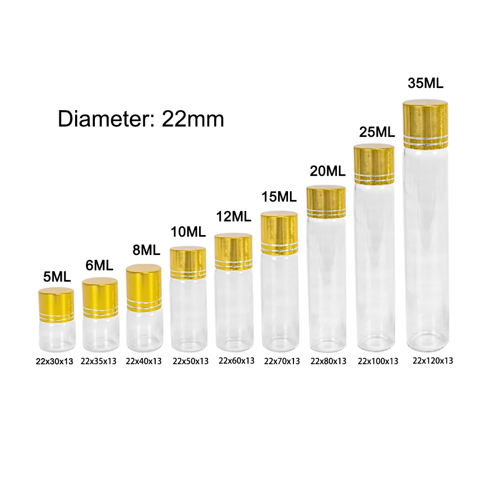 6pcs 5ml 10ml 15ml 20ml 25ml 35ml Glass Bottles with Gold Plastic Screw Caps Empty Glass Jars Crafts Bottles Food Grade Storage 3
