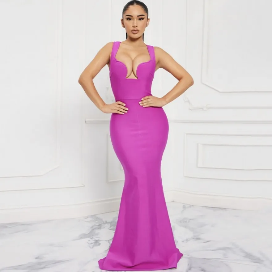 

2023 New Summer Fashion Rose Red Color Women Sexy Floor-Length Bandage Dress Evening Prom Celebrity Birthday Party Bodycon Dress