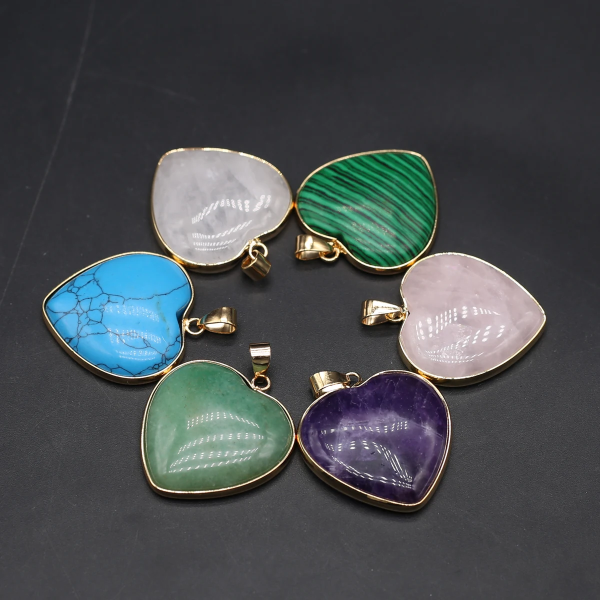 

Natural Stone Pendant Heart Amethyst Rose Quartz Malachite Turquoise Jewelry MakingDIY Necklace Accessory Gift 31x34mm