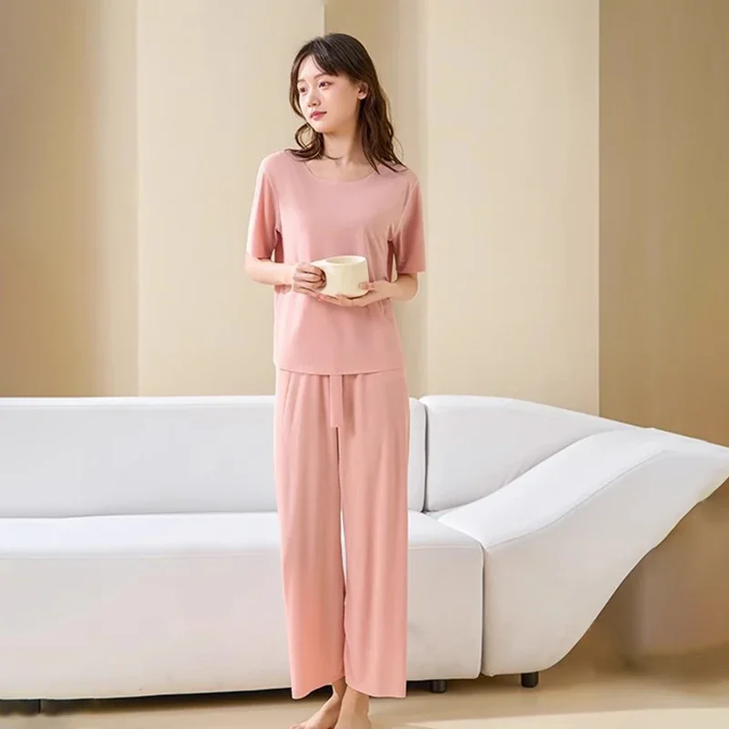 Ice Silk Seamless Pajamas Sets Summer Casual Round Neck Short Sleeved Couple Cool Sleeping Pants Ultra-thin Home Suit Set women pajamas set women pajama suit cotton pajamas set