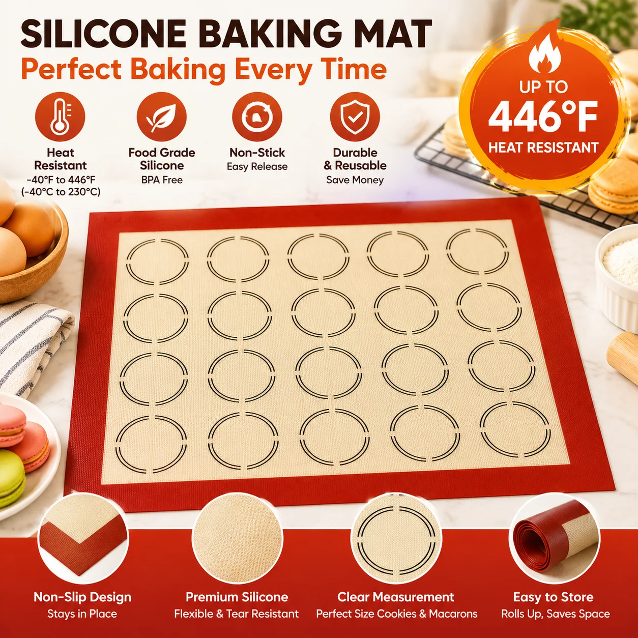 Premium Reusable Non-Stick Silicone Baking & Kneading Mat