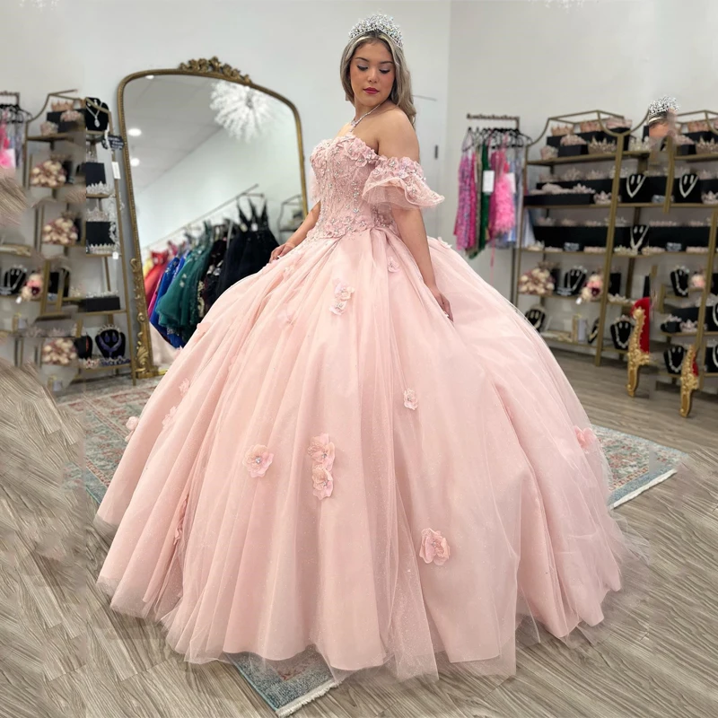 

Pink Sexy Off-Shoulder Ball Gown Princess 15 Year Old Quinceanera Dress 2024 Lace 3DFlower Glitter Tulle Birthday Party Gowns