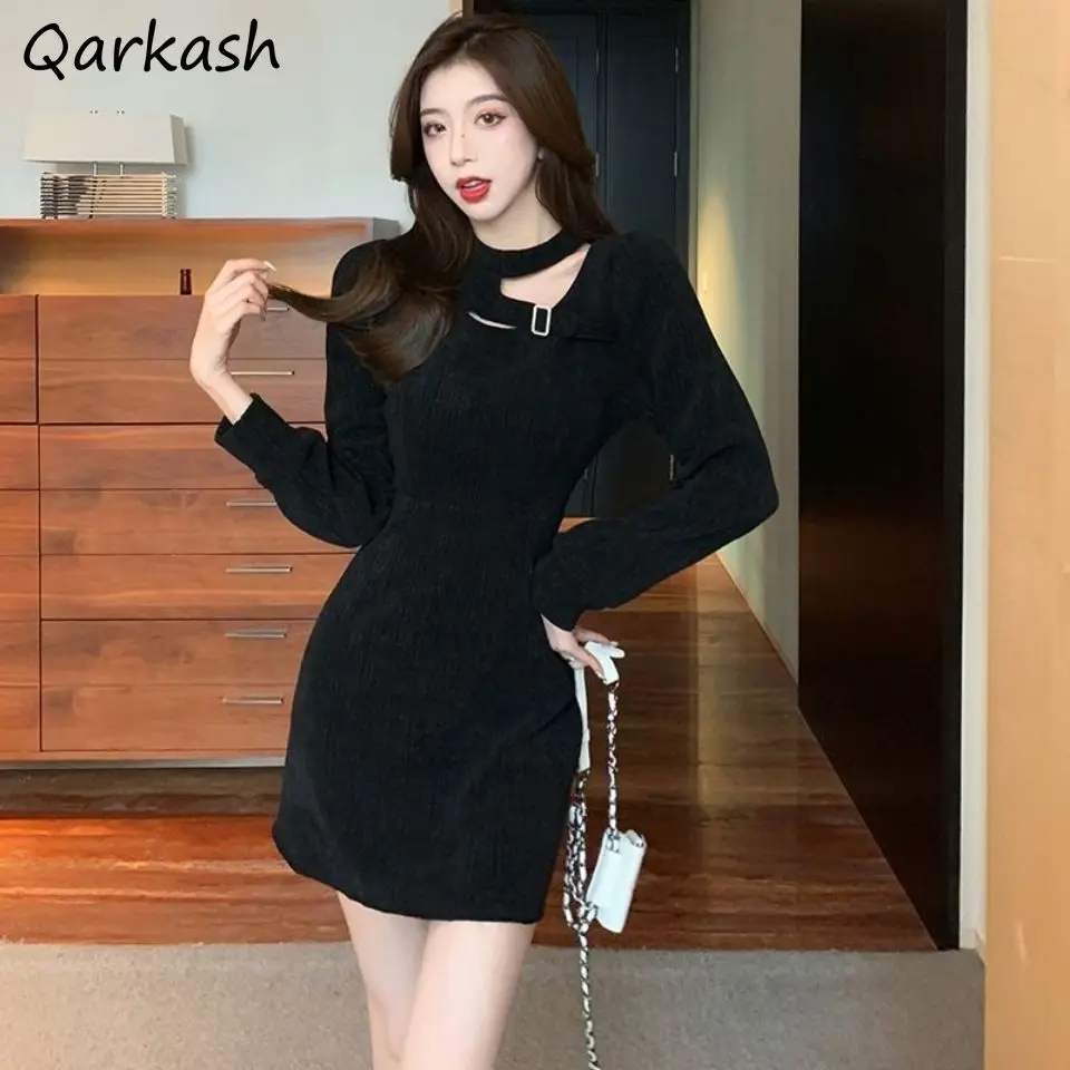 

Long Sleeve Dresses Women Temperament Corduroy Stylish Chic Mini Halter Simple Korean Office Ladies Tunic Autumn Fit Club Cozy