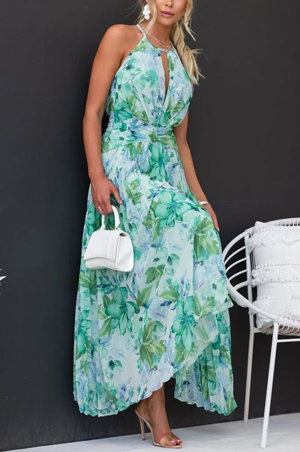 Fashion Print Halter Neck Dresses Women Hollow Out Backless Folds Sleeveless Irregular Hem Dress Trendy Lady Summer Vestidos New
